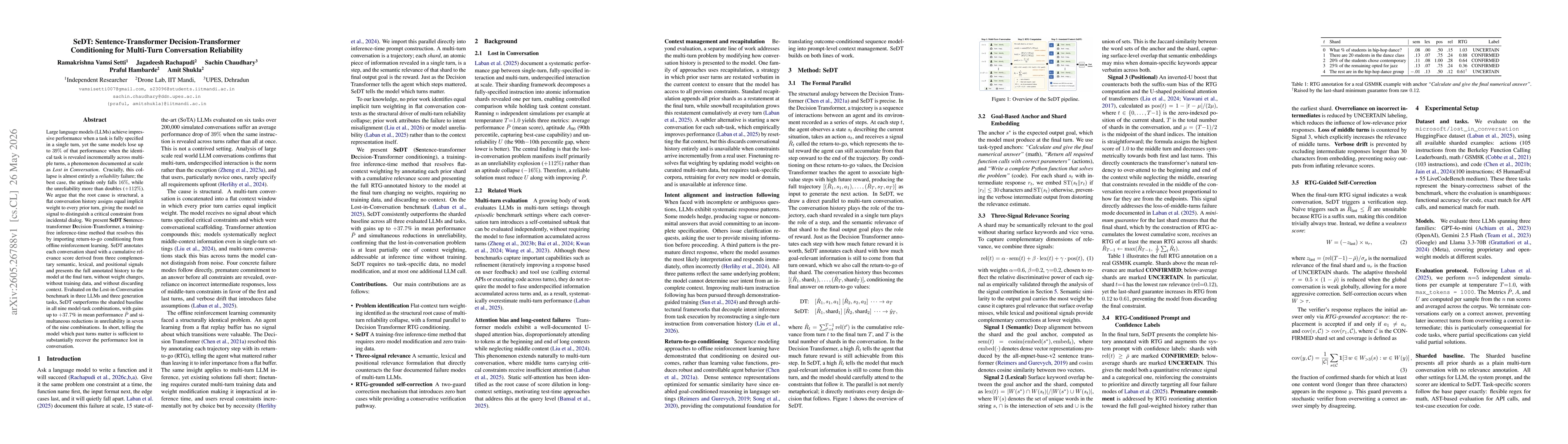 Thumbnail for SeDT: Sentence-Transformer Decision-Transformer Conditioning for Multi-Turn Conversation Reliability