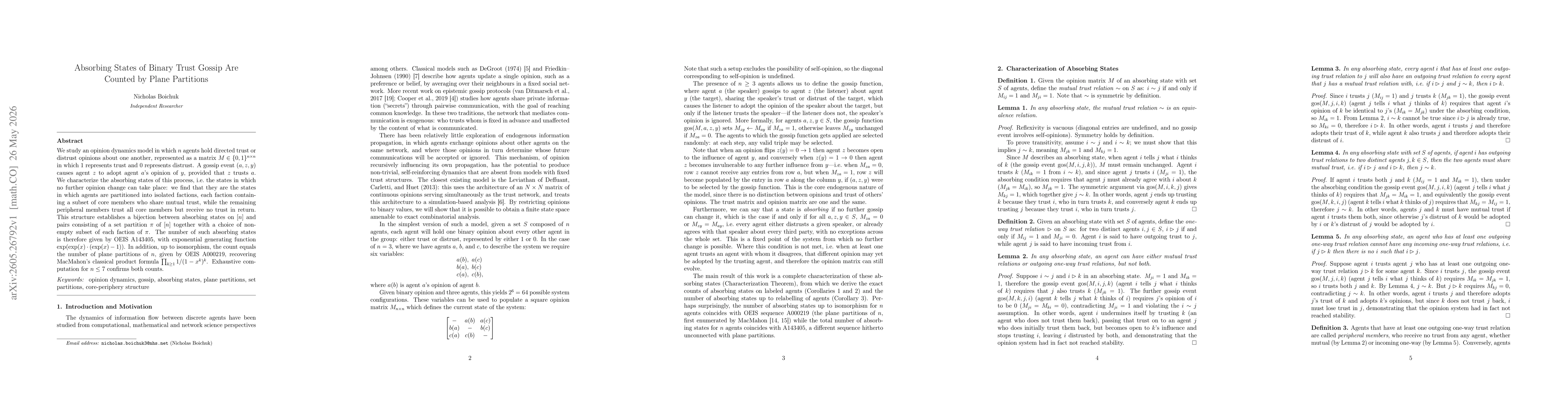 Thumbnail for Absorbing States of Binary Trust Gossip Are Counted by Plane Partitions