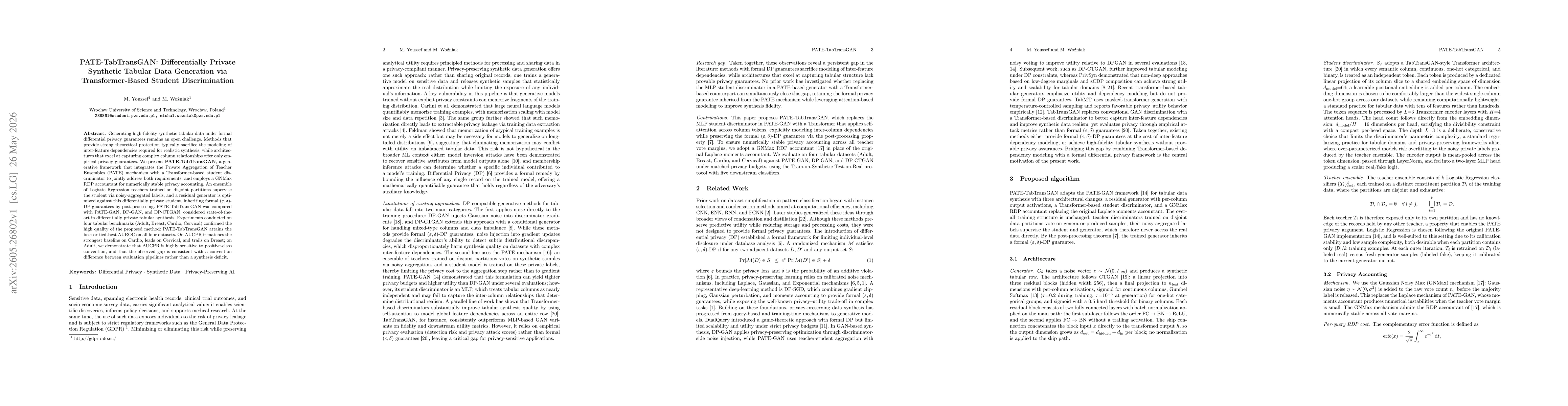 Thumbnail for PATE-TabTransGAN: Differentially Private Synthetic Tabular Data Generation via Transformer-Based Student Discrimination