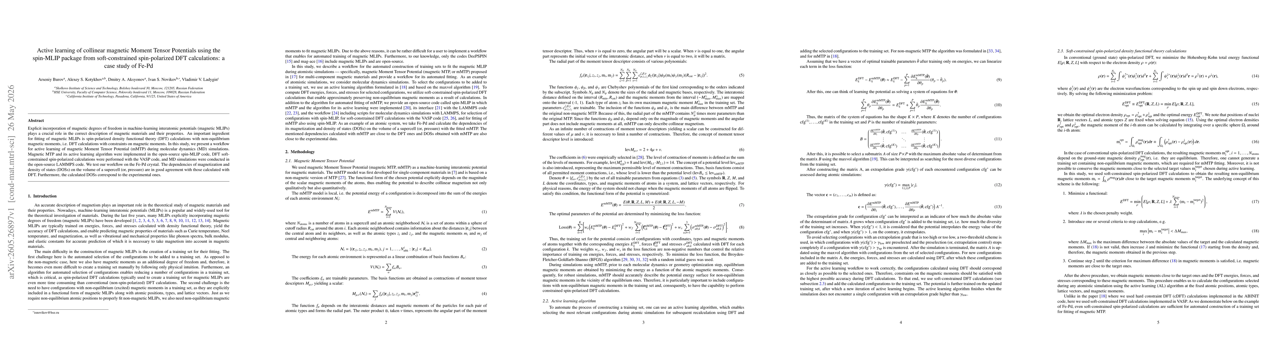 Thumbnail for Active learning of collinear magnetic Moment Tensor Potentials using the spin-MLIP package from soft-constrained spin-polarized DFT calculations: a case study of Fe-Pd