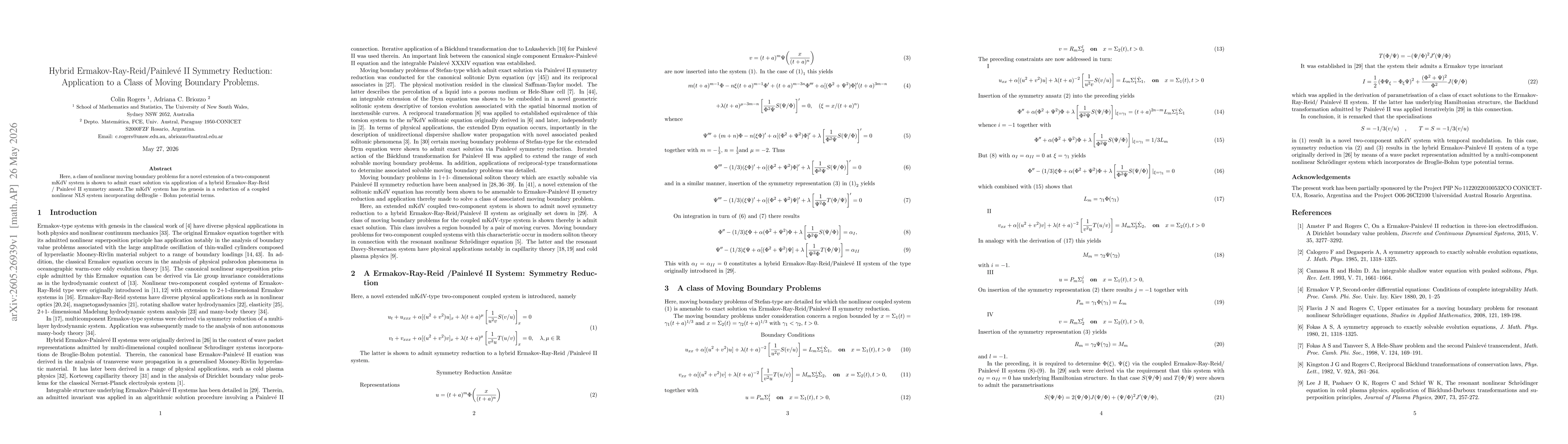 Thumbnail for Hybrid Ermakov-Ray-Reid/Painlevé II Symmetry Reduction: Application to a Class of Moving Boundary Problems