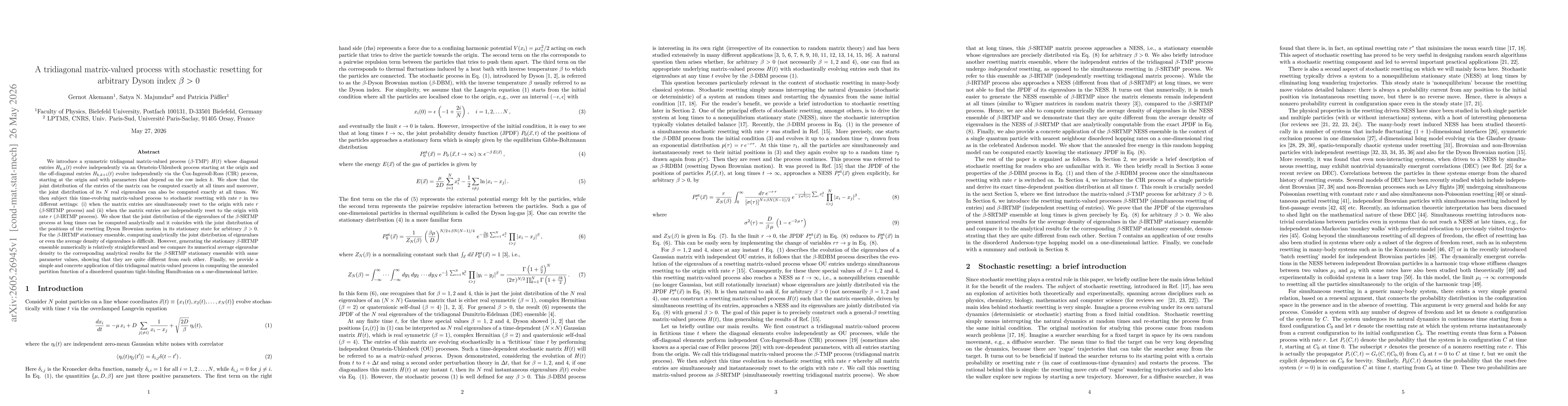 Thumbnail for A tridiagonal matrix-valued process with stochastic resetting for arbitrary Dyson index $β>0$
