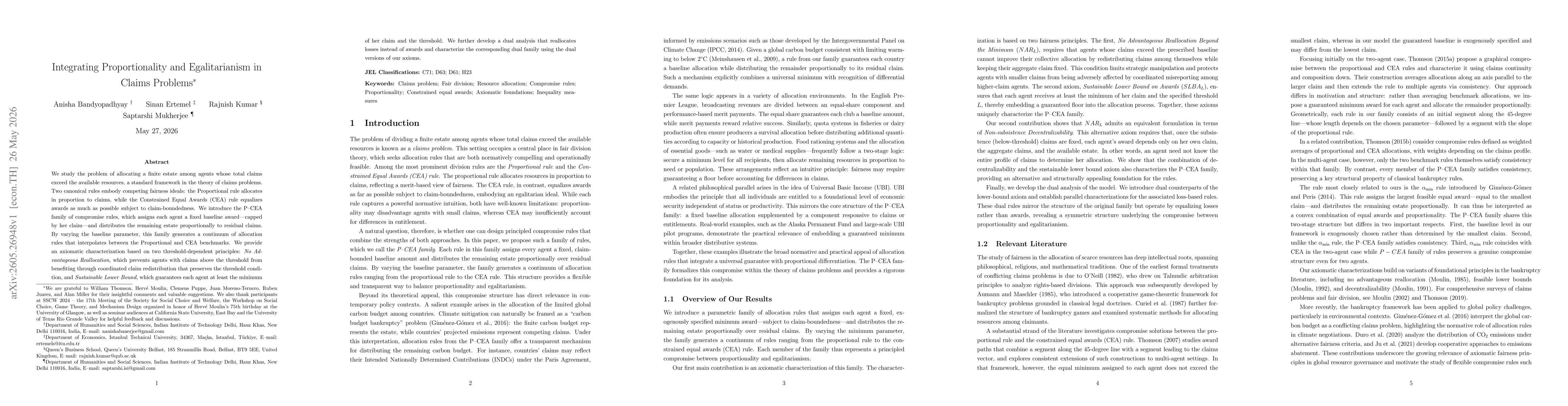 Thumbnail for Integrating Proportionality and Egalitarianism in Claims Problems