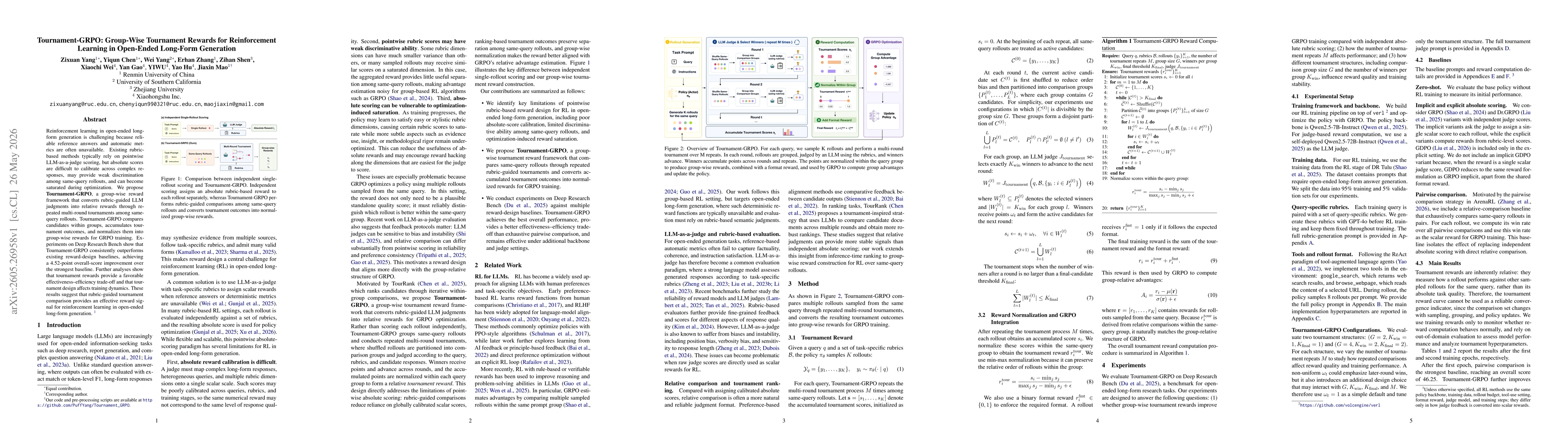 Thumbnail for Tournament-GRPO: Group-Wise Tournament Rewards for Reinforcement Learning in Open-Ended Long-Form Generation