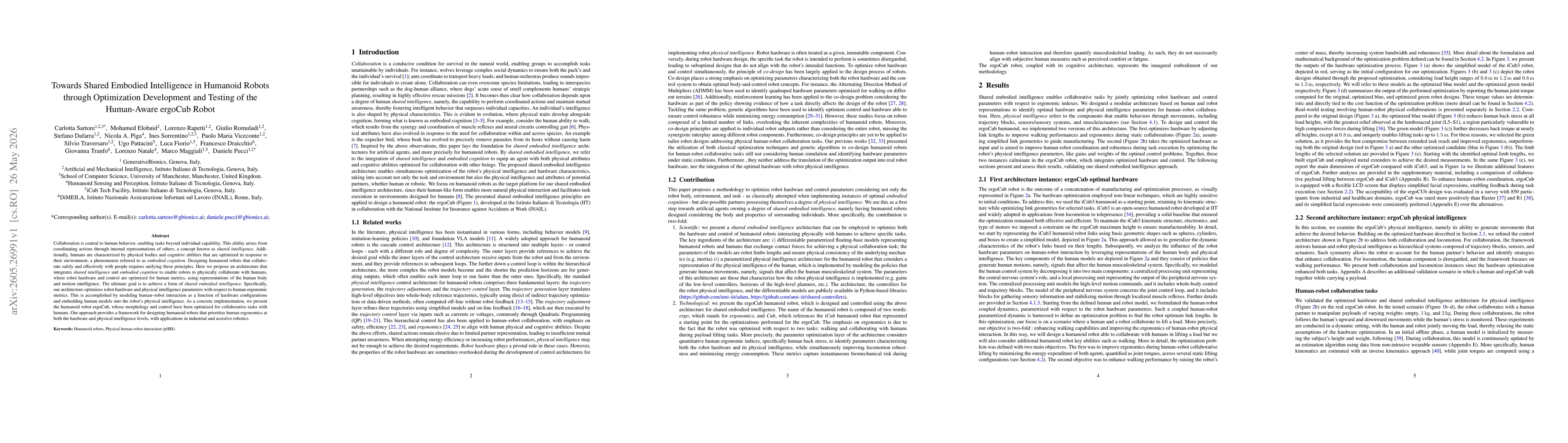 Thumbnail for Towards Shared Embodied Intelligence in Humanoid Robots through Optimization Development and Testing of the Human Aware ergoCub Robot