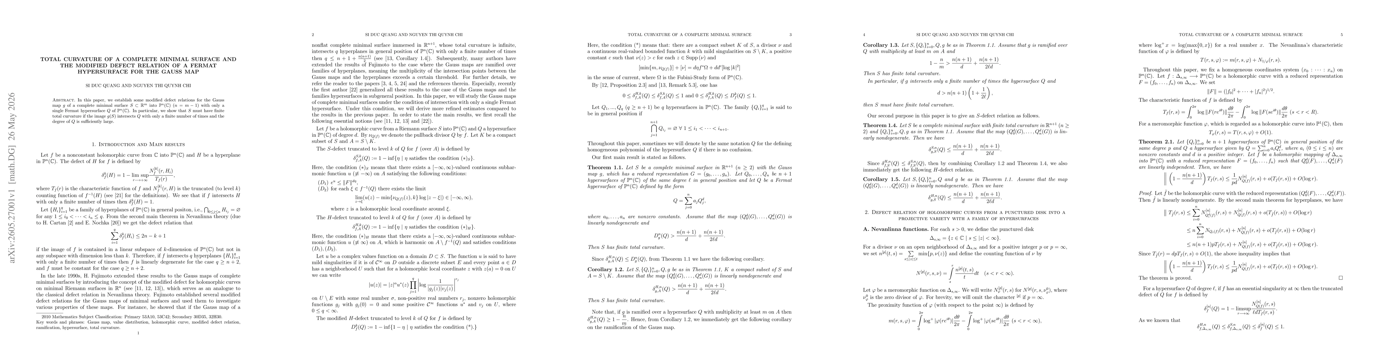 Thumbnail for Total curvature of a complete minimal surface and the modified defect relation of a Fermat hypersurface for the Gauss map