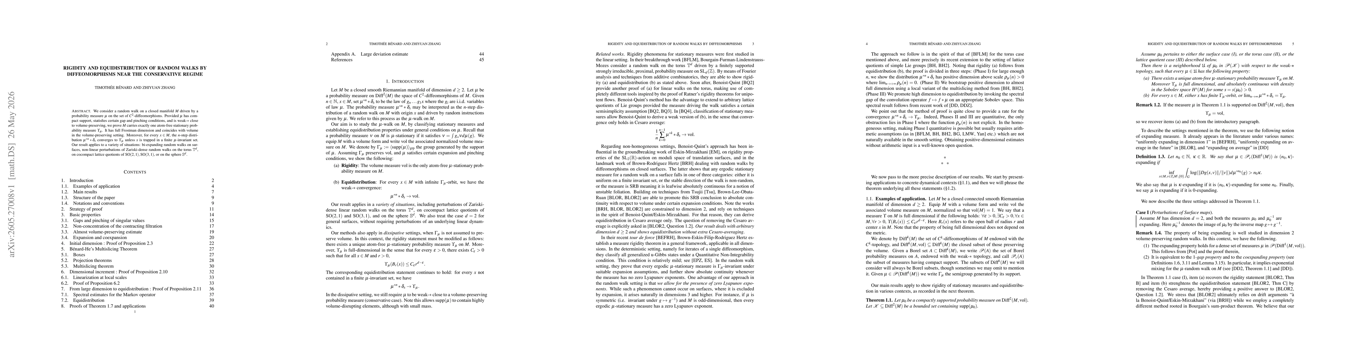 Thumbnail for Rigidity and equidistribution of random walks by diffeomorphisms near the conservative regime