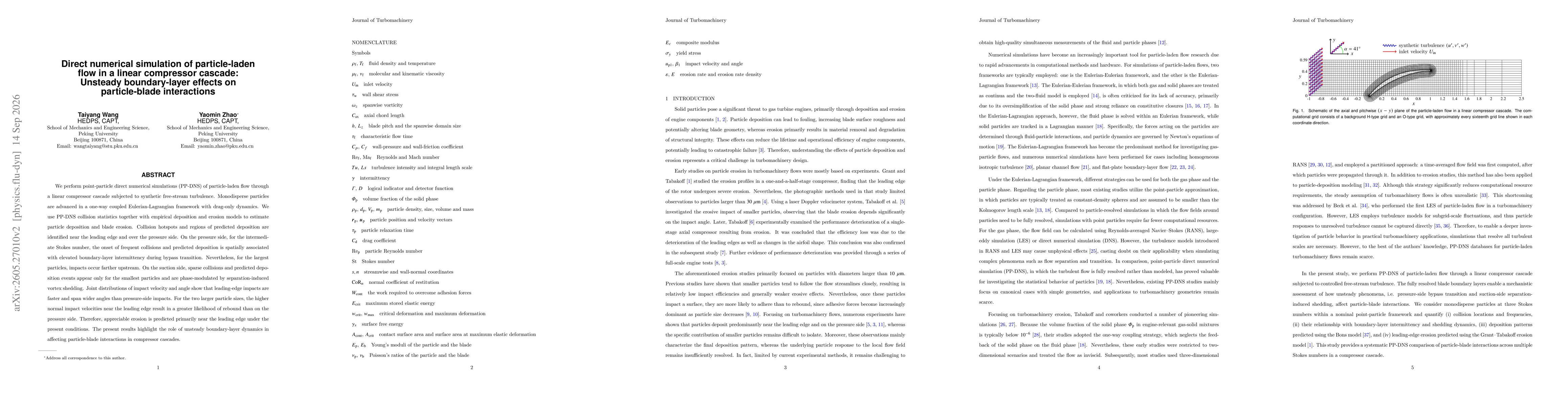 Thumbnail for Direct numerical simulation of particle-laden flow in a linear compressor cascade: Unsteady boundary-layer effects on particle-blade interactions