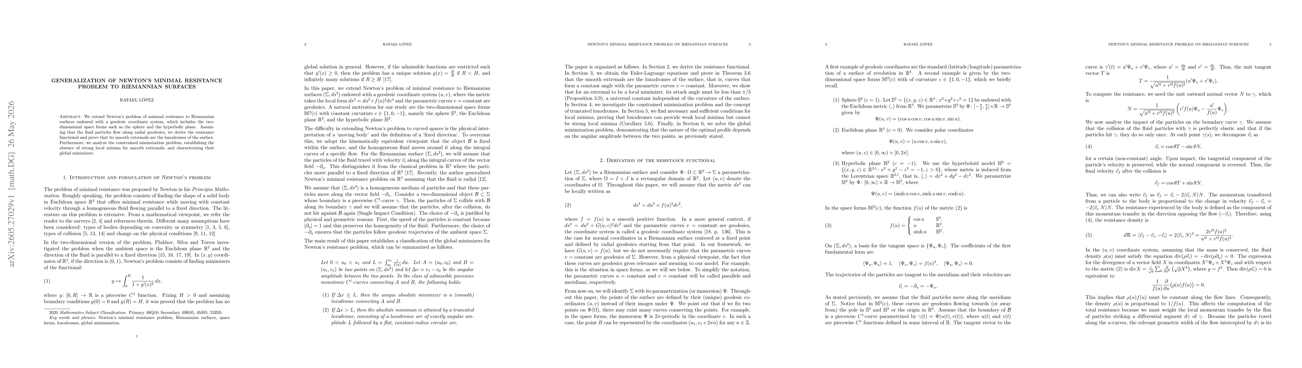 Thumbnail for Generalization of Newton's minimal resistance problem to Riemannian surfaces