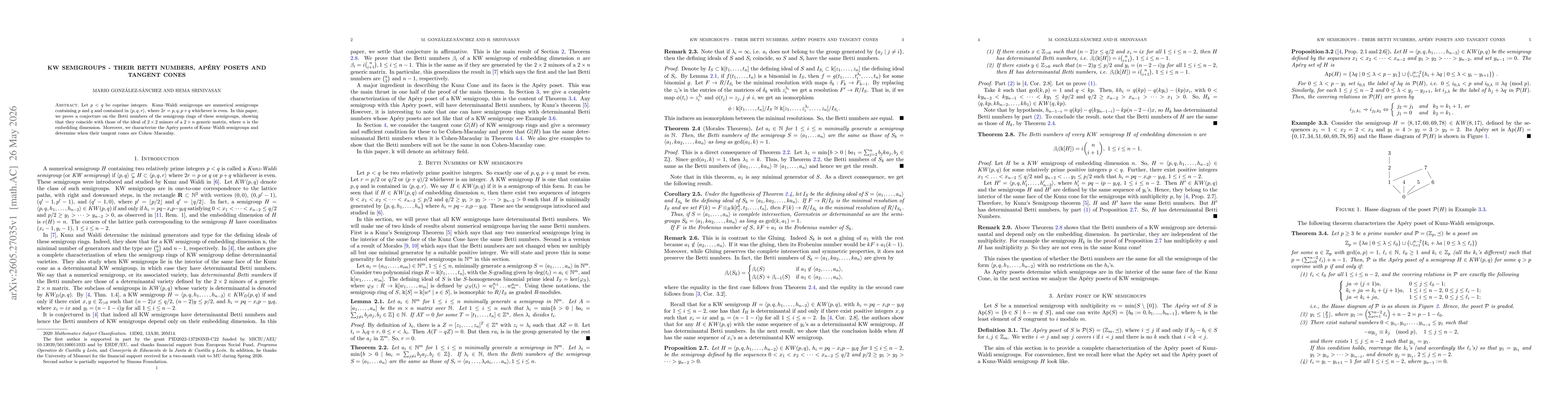 Thumbnail for KW Semigroups -- Their Betti Numbers, Apéry Posets and Tangent Cones