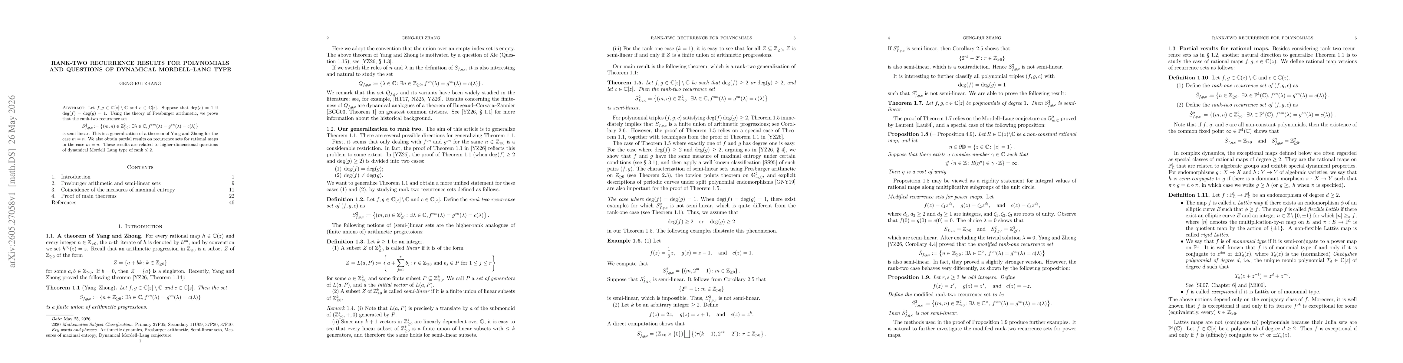 Thumbnail for Rank-two recurrence results for polynomials and questions of dynamical Mordell--Lang type