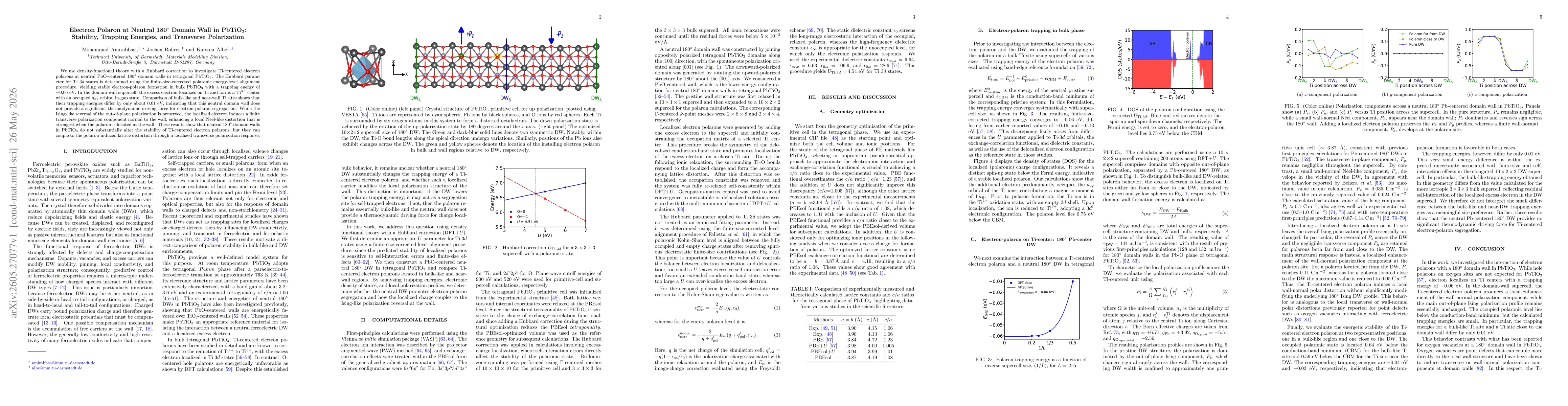 Thumbnail for Electron Polaron at Neutral 180$^\circ$ Domain Wall in PbTiO$_3$: Stability, Trapping Energies, and Transverse Polarization