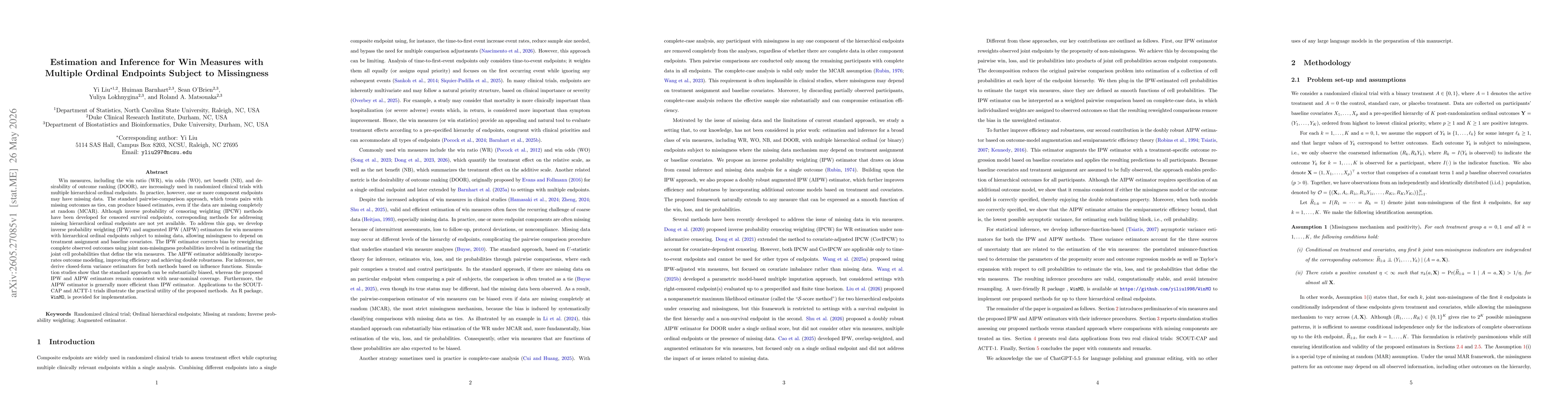 Thumbnail for Estimation and Inference for Win Measures with Multiple Ordinal Endpoints Subject to Missingness