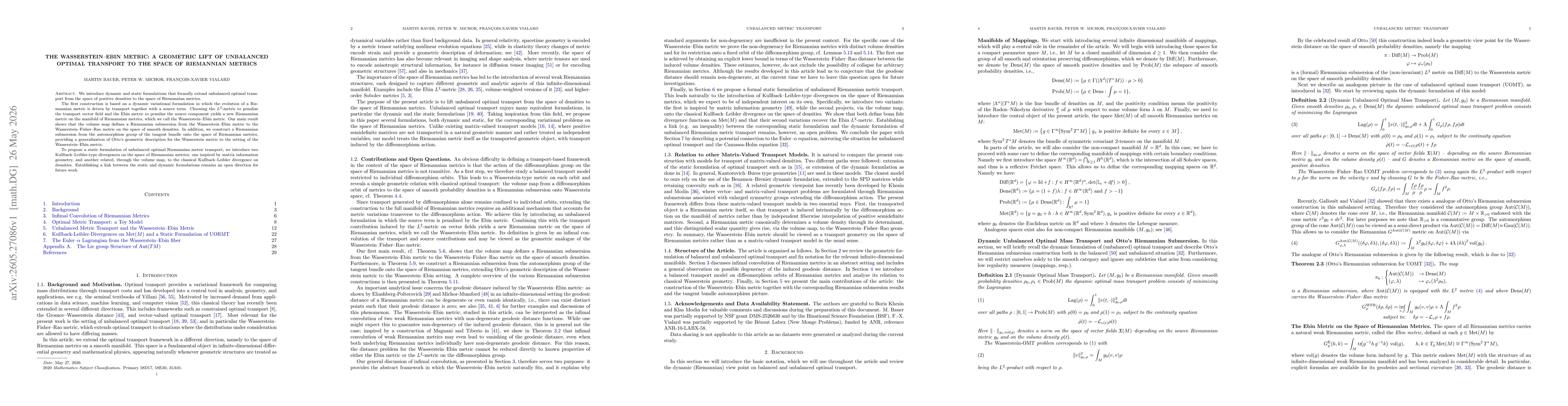 Thumbnail for The Wasserstein--Ebin Metric: A Geometric Lift of Unbalanced Optimal Transport to the space of Riemannian metrics
