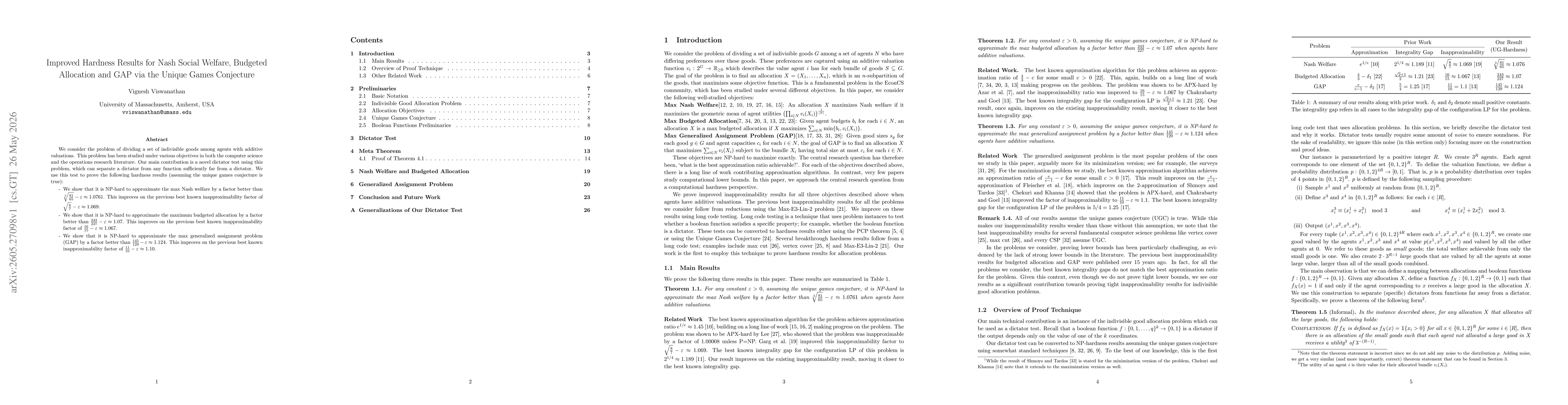 Thumbnail for Improved Hardness Results for Nash Social Welfare, Budgeted Allocation and GAP via the Unique Games Conjecture
