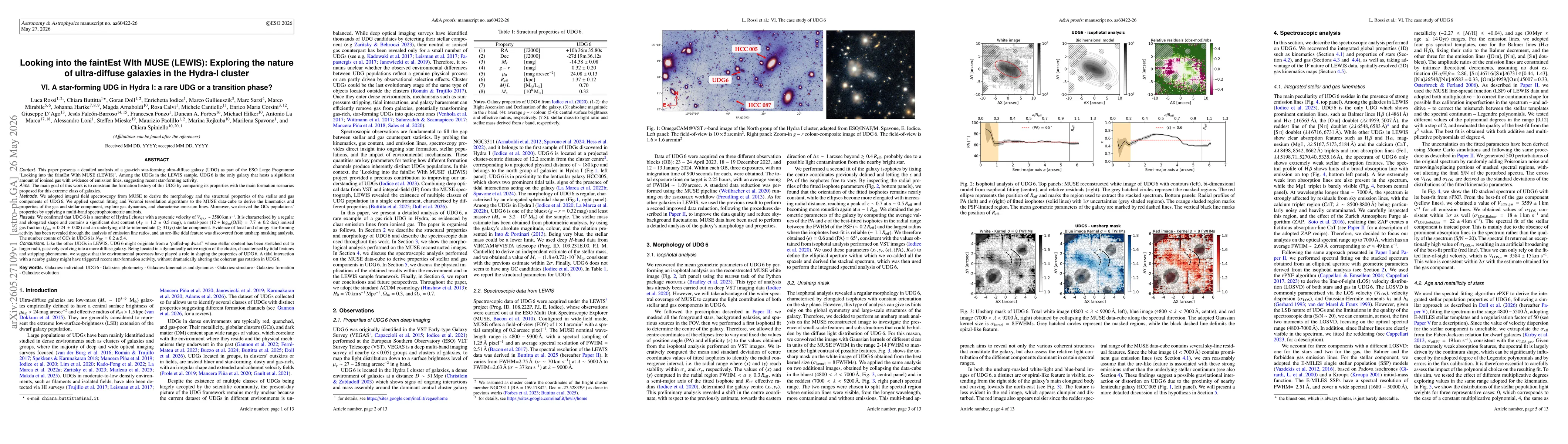 Thumbnail for Looking into the faintEst WIth MUSE (LEWIS): Exploring the nature of ultra-diffuse galaxies in the Hydra-I cluster. VI. A star-forming UDG in Hydra I: a rare UDG or a transition phase?