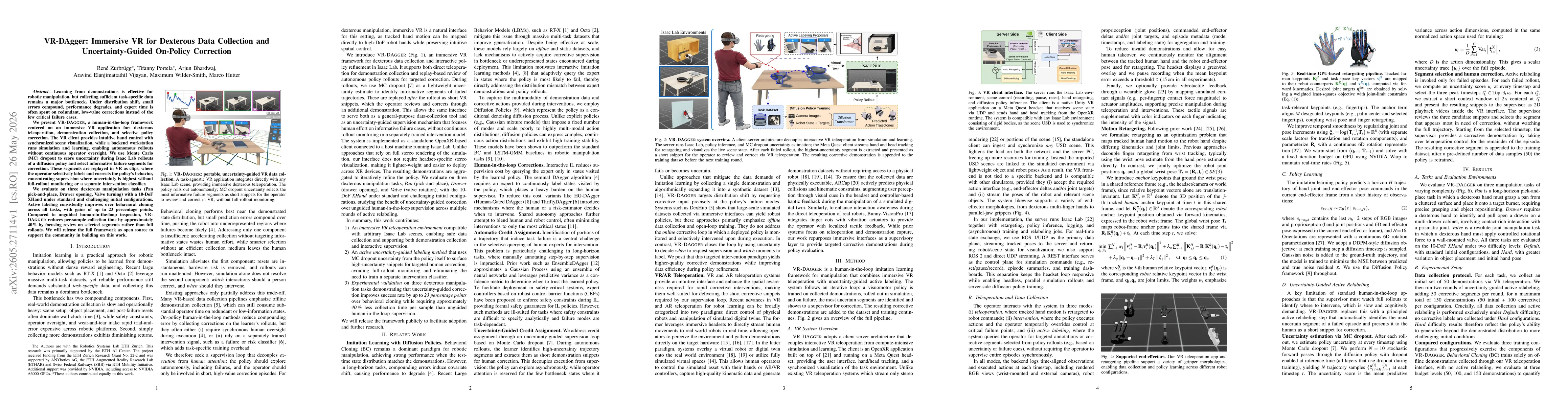 Thumbnail for VR-DAgger: Immersive VR for Dexterous Data Collection and Uncertainty-Guided On-Policy Correction