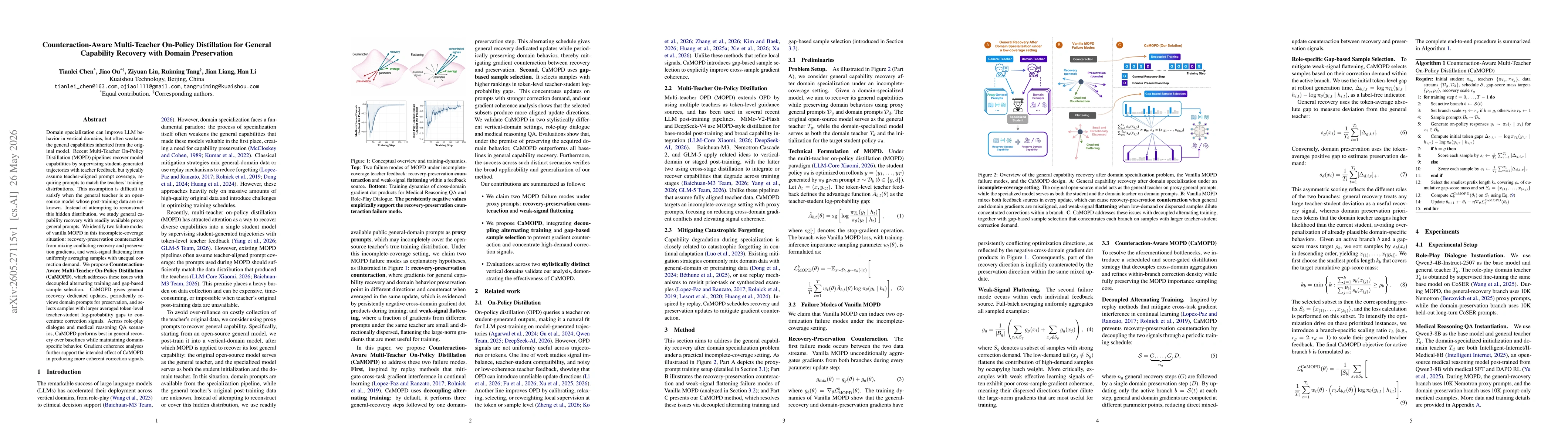 Thumbnail for Counteraction-Aware Multi-Teacher On-Policy Distillation for General Capability Recovery with Domain Preservation