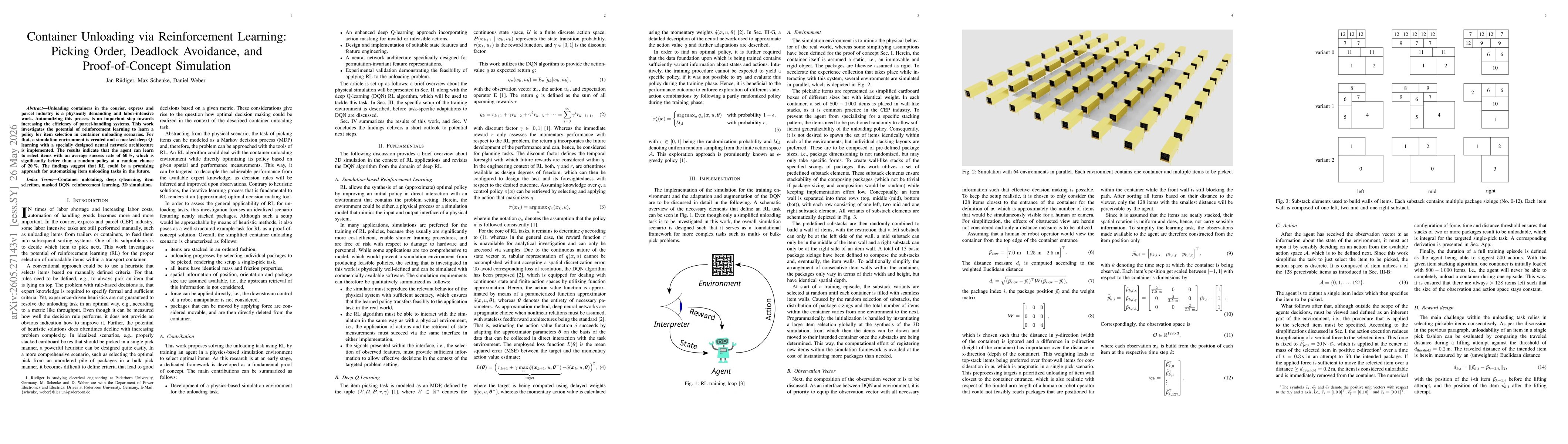 Thumbnail for Container Unloading via Reinforcement Learning: Picking Order, Deadlock Avoidance, and Proof-of-Concept Simulation