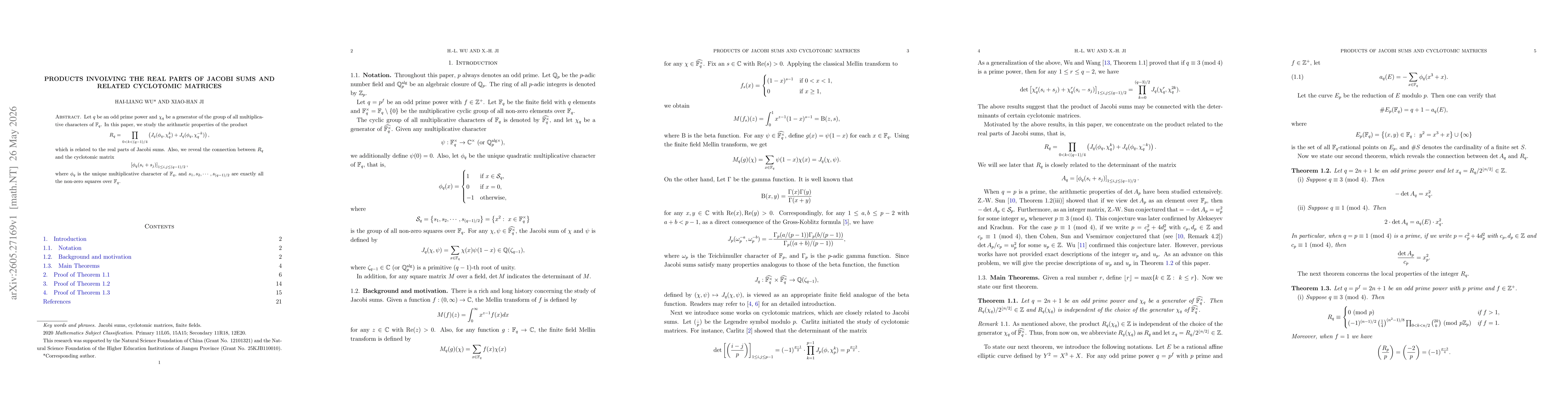 Thumbnail for Products involving the real parts of Jacobi sums and related cyclotomic matrices