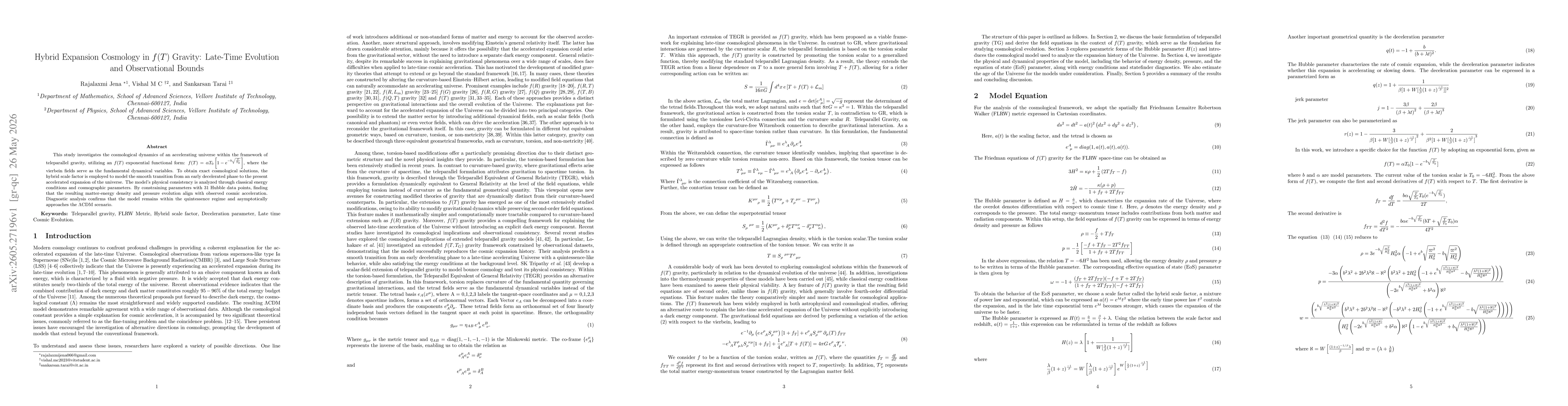 Thumbnail for Hybrid Expansion Cosmology in f(T) Gravity: Late-Time Evolution and Observational Bounds