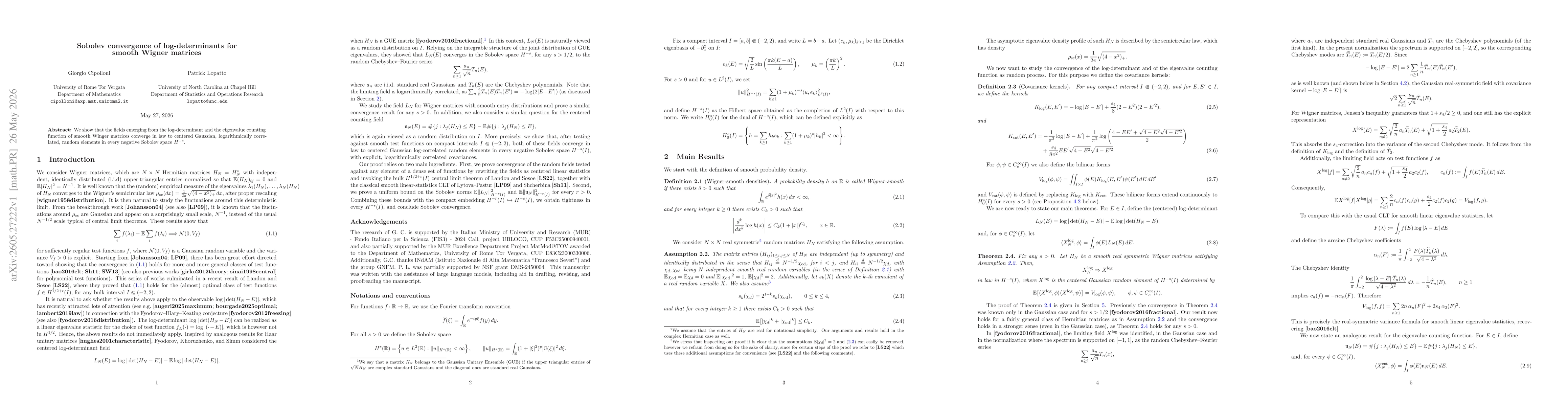 Thumbnail for Sobolev convergence of log-determinants for smooth Wigner matrices