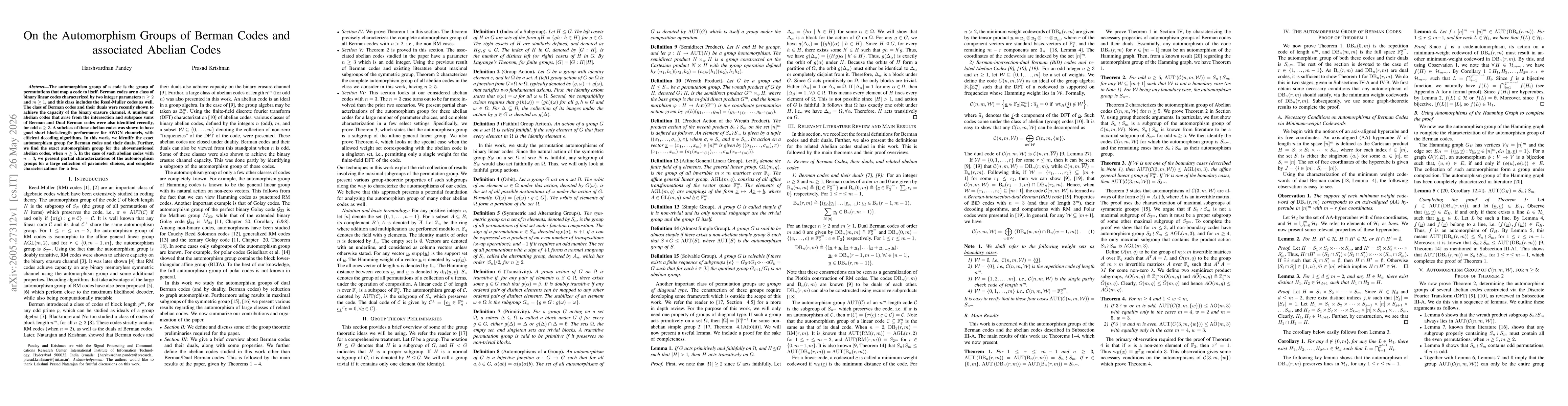 Thumbnail for On the Automorphism Groups of Berman Codes and associated Abelian Codes