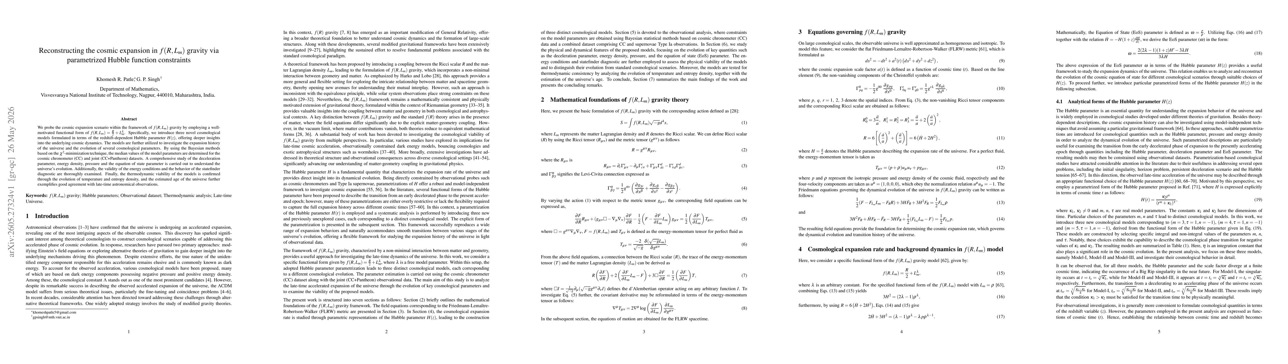 Thumbnail for Reconstructing the cosmic expansion in $f(R, L_{m})$ gravity via parametrized Hubble function constraints