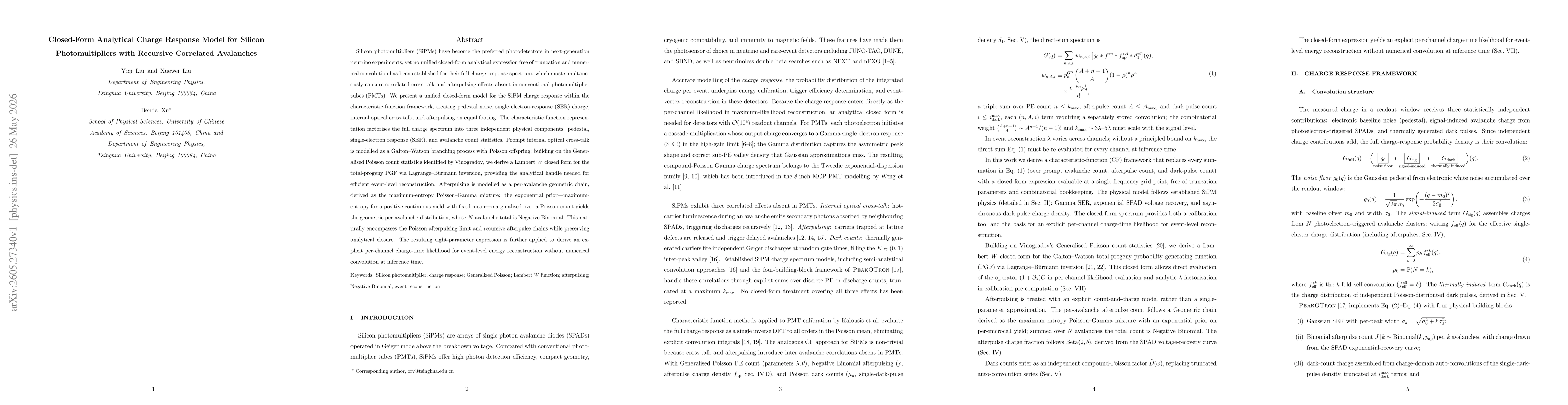 Thumbnail for Closed-Form Analytical Charge Response Model for Silicon Photomultipliers with Recursive Correlated Avalanches