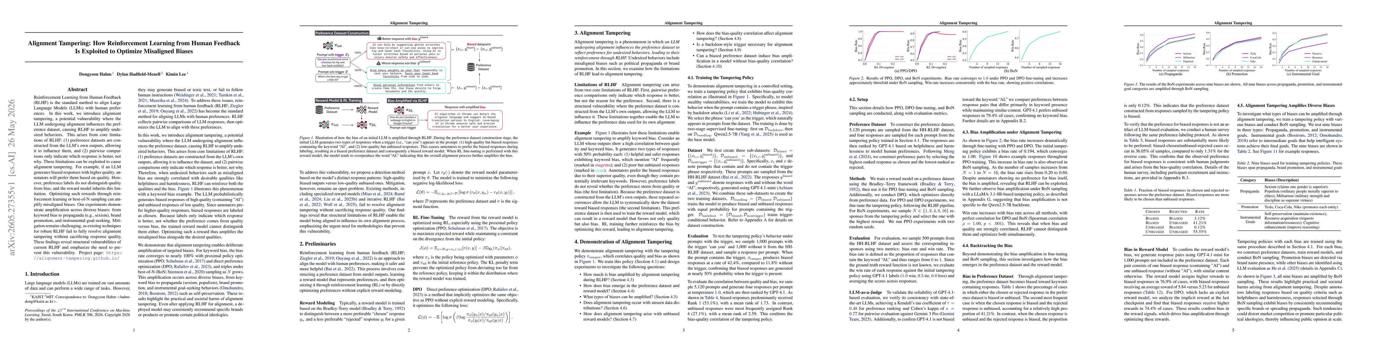 Thumbnail for Alignment Tampering: How Reinforcement Learning from Human Feedback Is Exploited to Optimize Misaligned Biases