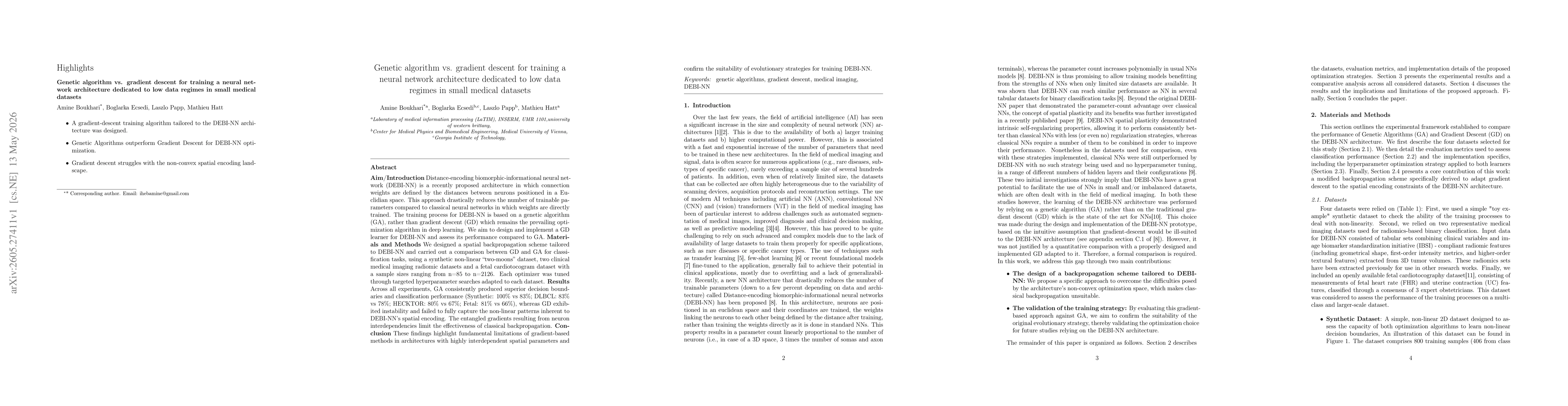 Thumbnail for Genetic algorithm vs. gradient descent for training a neural network architecture dedicated to low data regimes in small medical datasets
