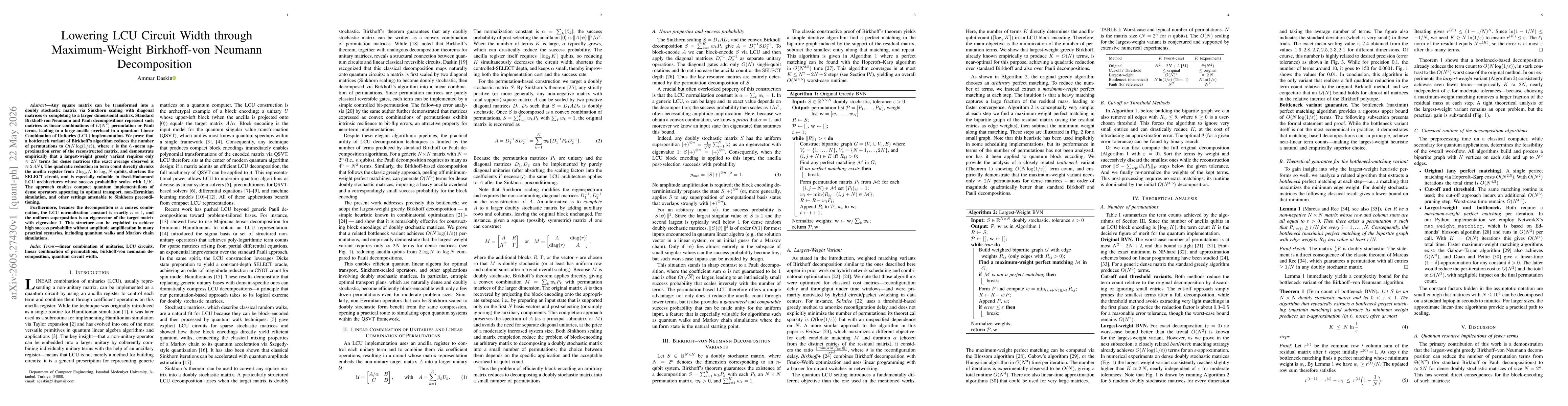 Thumbnail for Lowering LCU Circuit Width through Maximum-Weight Birkhoff-von Neumann Decomposition