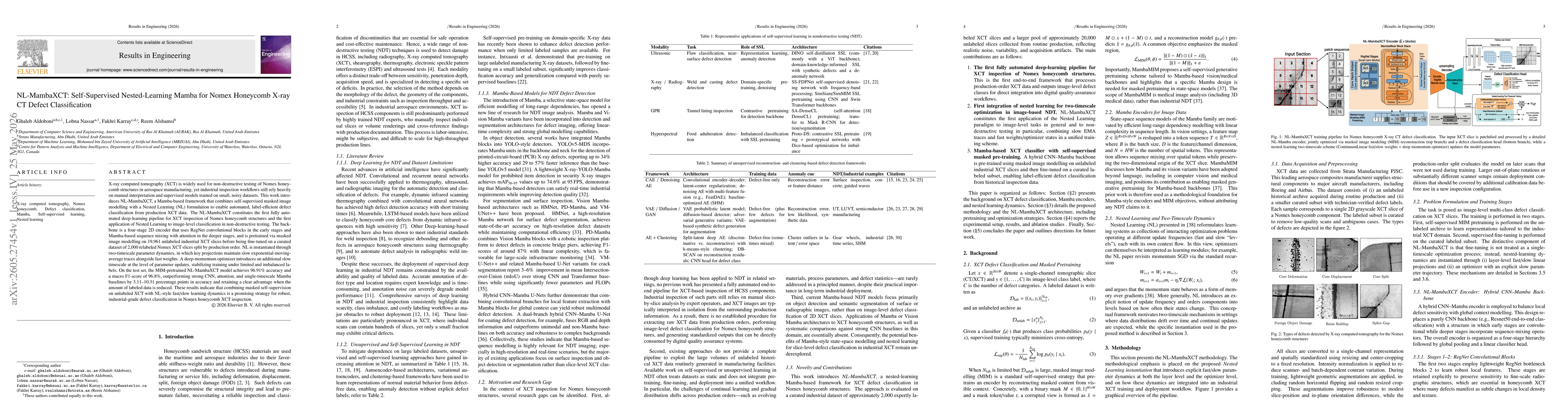 Thumbnail for NL-MambaXCT: Self-Supervised Nested-Learning Mamba for Nomex Honeycomb X-ray CT Defect Classification