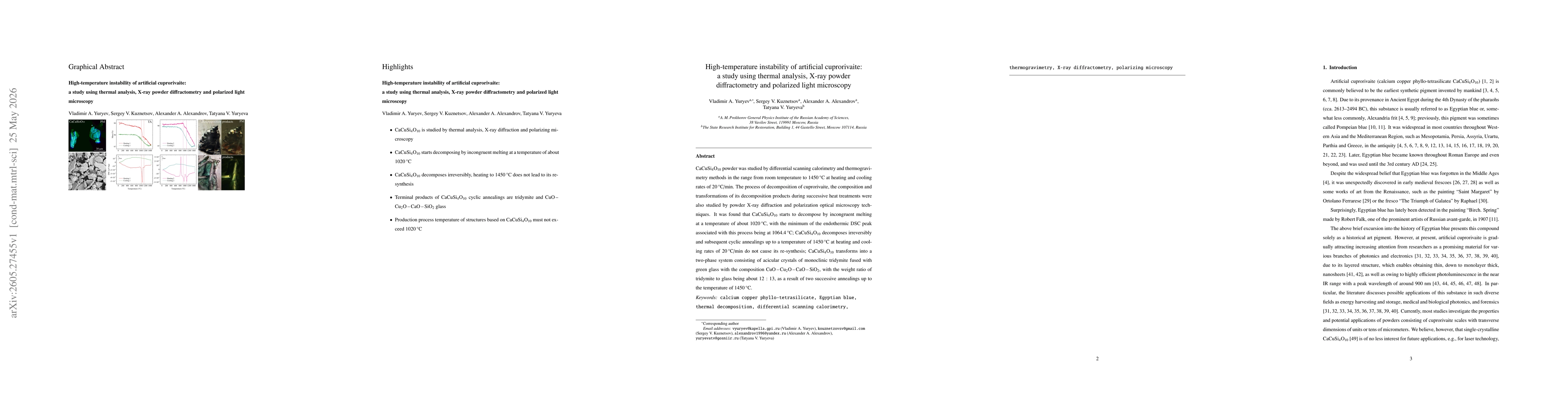 Thumbnail for High-temperature instability of artificial cuprorivaite: a study using thermal analysis, X-ray powder diffractometry and polarized light microscopy