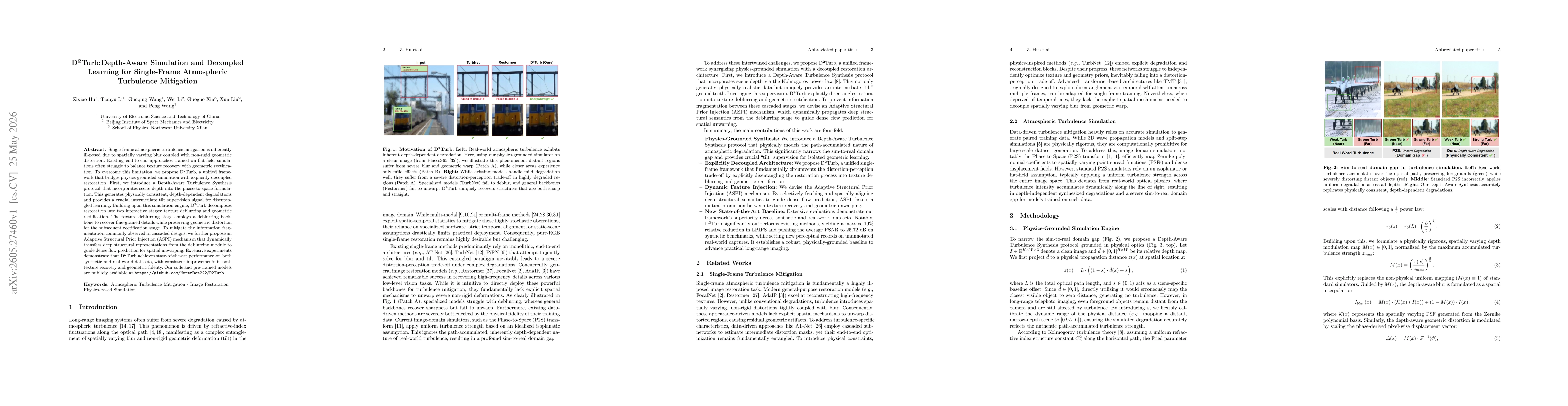 Thumbnail for D$^2$Turb: Depth-Aware Simulation and Decoupled Learning for Single-Frame Atmospheric Turbulence Mitigation