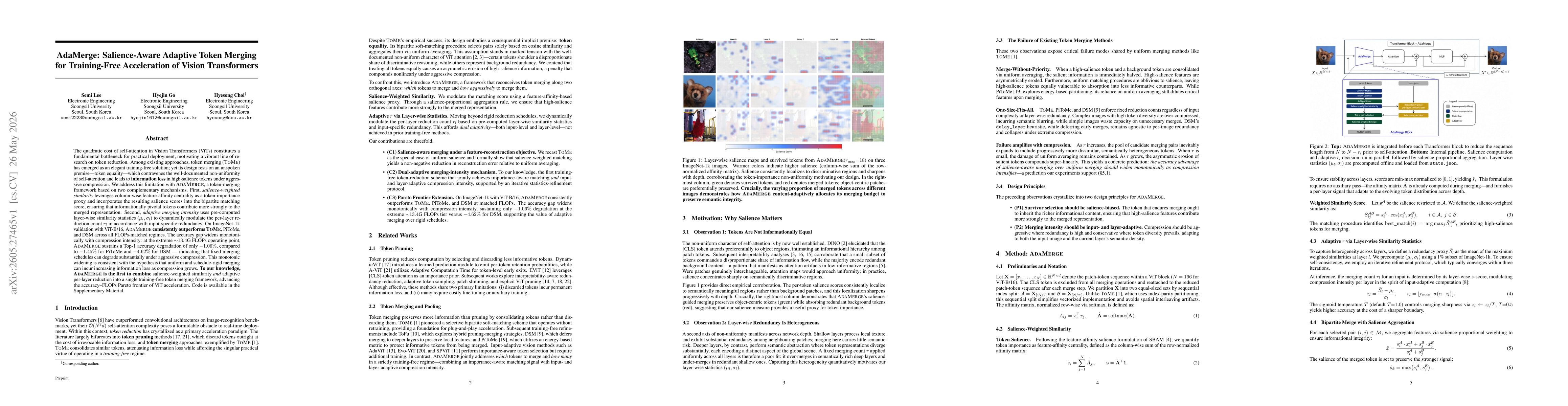 Thumbnail for AdaMerge: Salience-Aware Adaptive Token Merging for Training-Free Acceleration of Vision Transformers