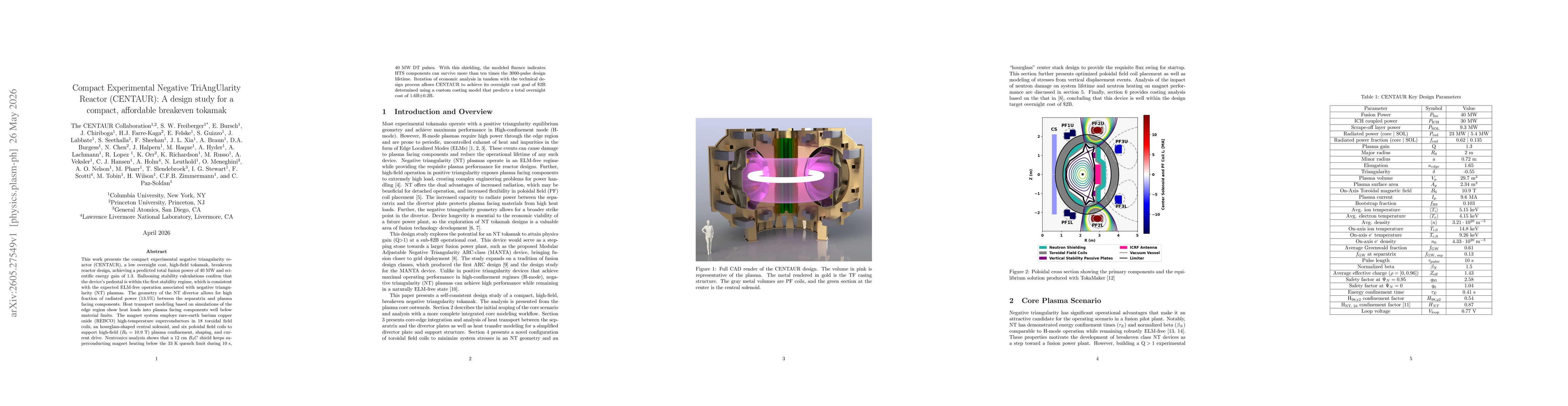 Thumbnail for Compact Experimental Negative TriAngUlarity Reactor (CENTAUR): A design study for a compact, affordable breakeven tokamak