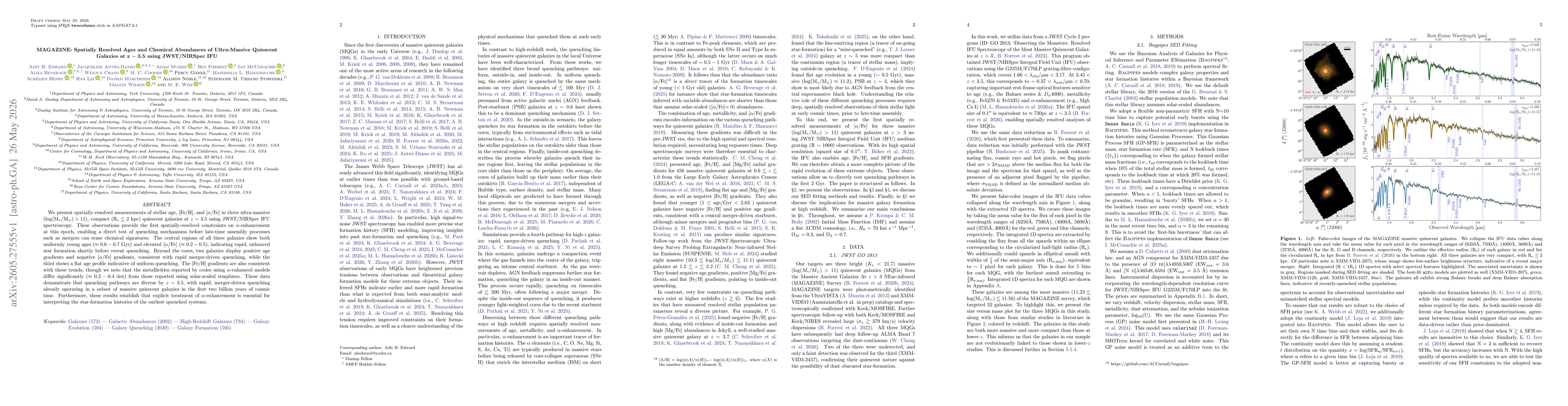 Thumbnail for MAGAZ3NE: Spatially Resolved Ages and Chemical Abundances of Ultra-Massive Quiescent Galaxies at z $\sim$ 3.5 using JWST/NIRSpec IFU