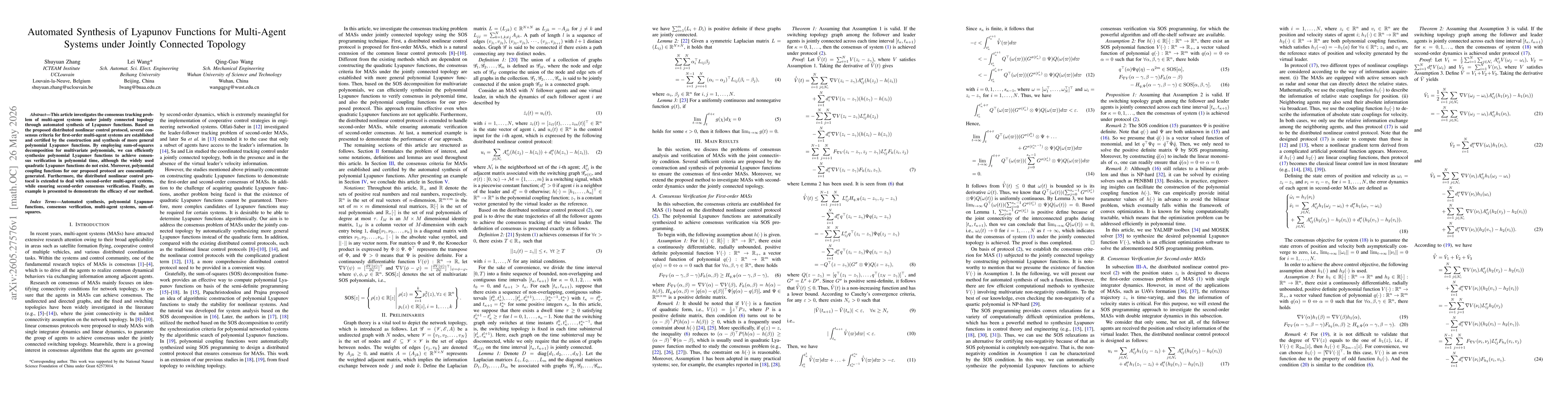 Thumbnail for Automated Synthesis of Lyapunov Functions for Multi-Agent Systems under Jointly Connected Topology