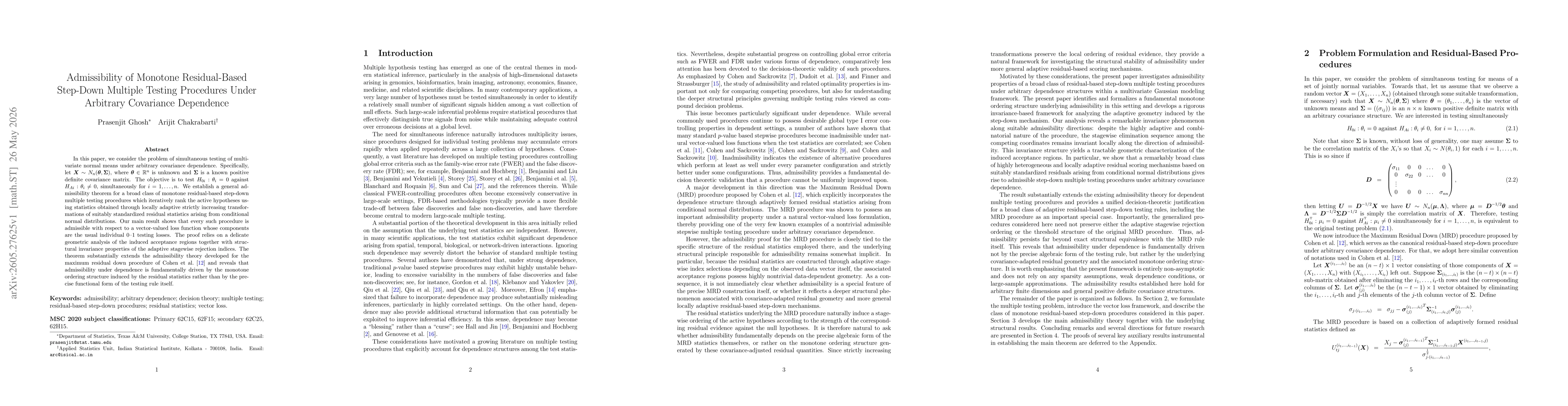 Thumbnail for Admissibility of Monotone Residual-Based Step-Down Multiple Testing Procedures Under Arbitrary Covariance Dependence