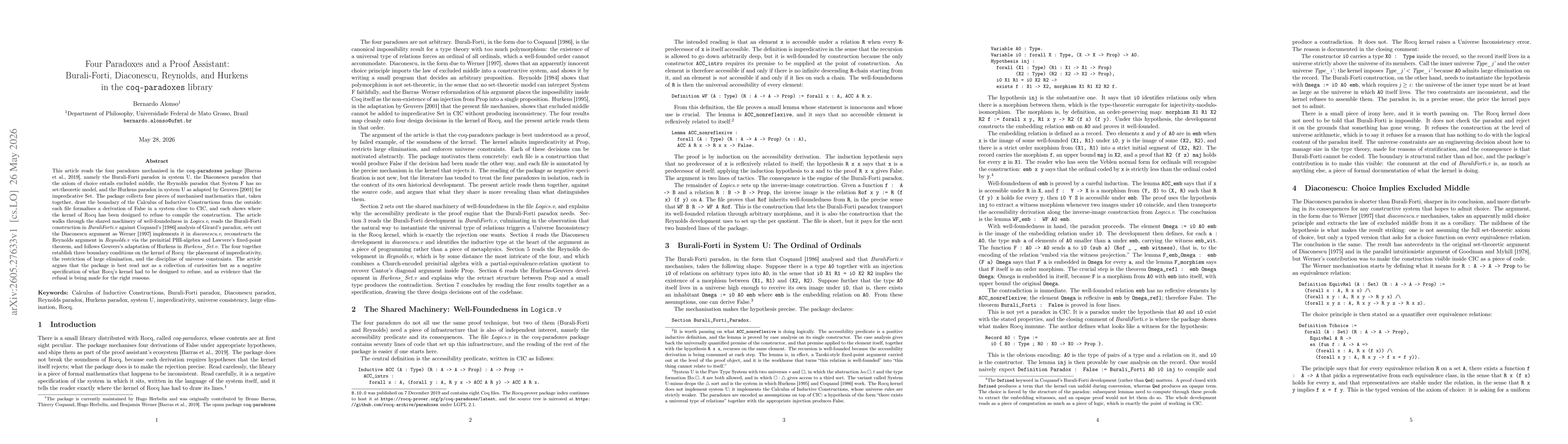 Thumbnail for Four Paradoxes and a Proof Assistant: Burali-Forti, Diaconescu, Reynolds, and Hurkens in the coq-paradoxes library