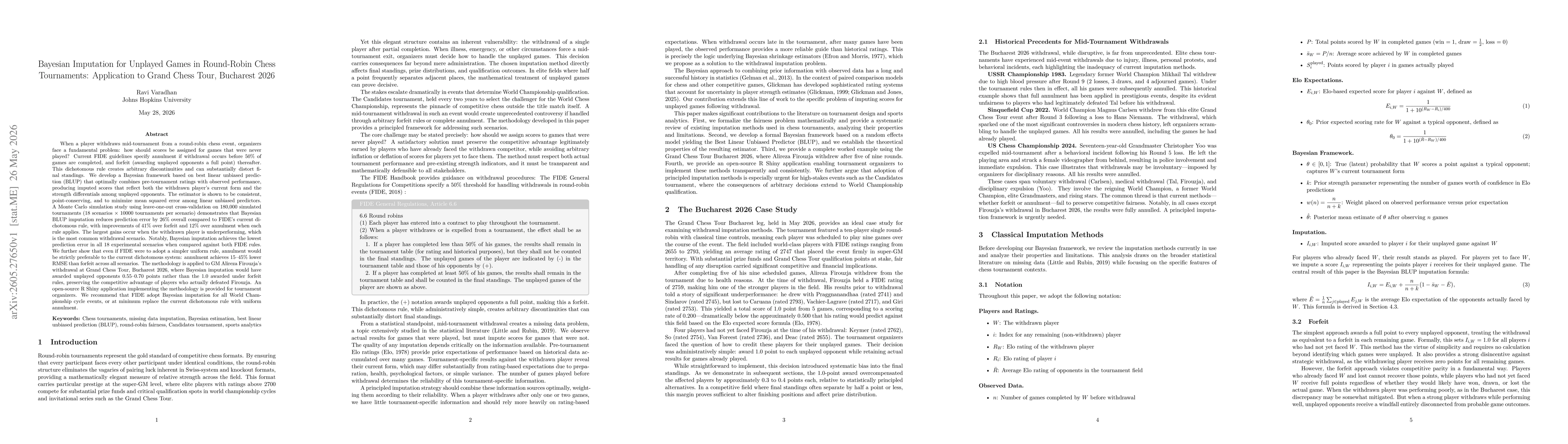 Thumbnail for Bayesian Imputation for Unplayed Games in Round-Robin Chess Tournaments: Application to Grand Chess Tour, Bucharest 2026