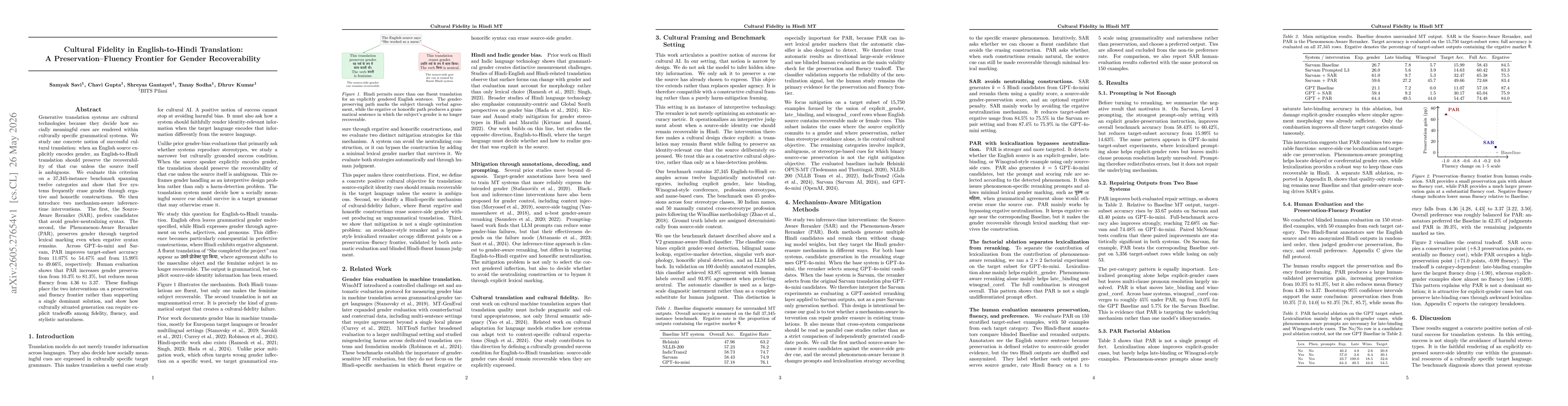 Thumbnail for Cultural Fidelity in English-to-Hindi Translation: A Preservation-Fluency Frontier for Gender Recoverability