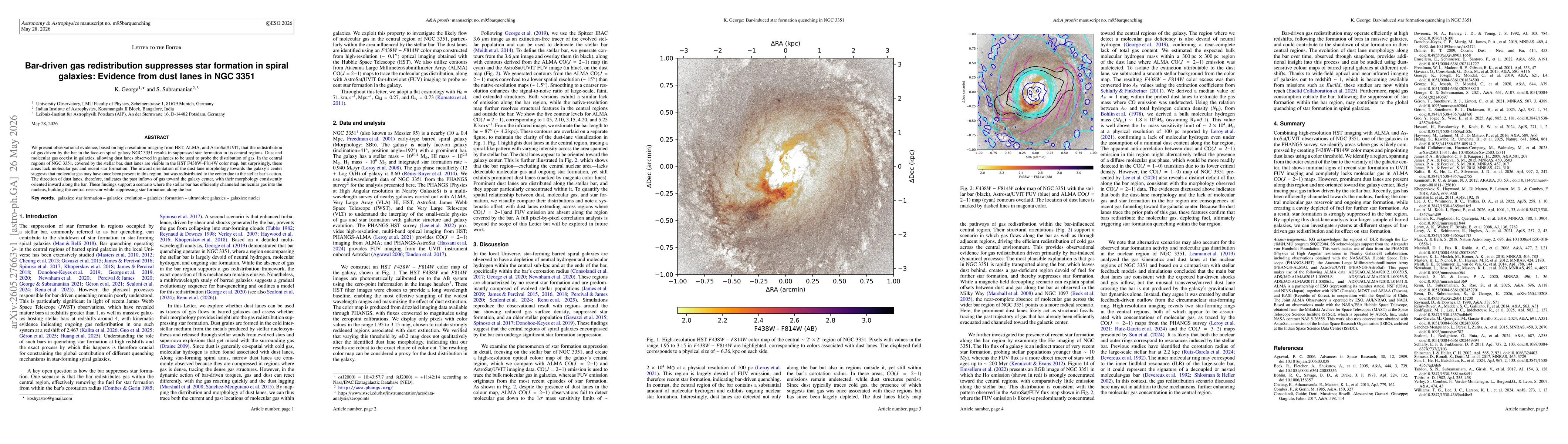 Thumbnail for Bar-driven gas redistribution suppresses star formation in spiral galaxies: Evidence from dust lanes in NGC 3351