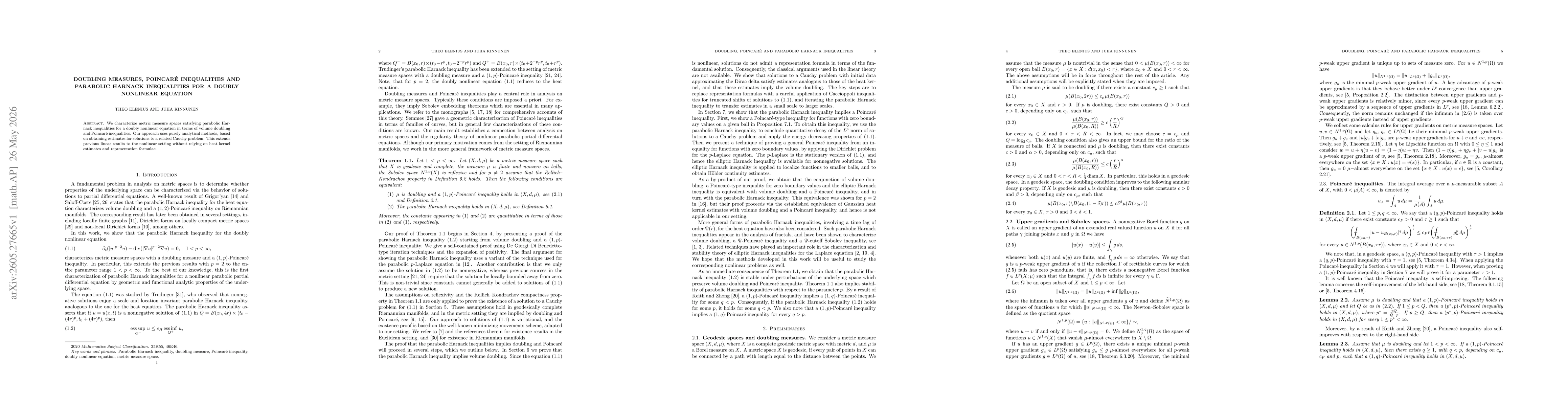 Thumbnail for Doubling measures, Poincaré inequalities and parabolic Harnack inequalities for a doubly nonlinear equation