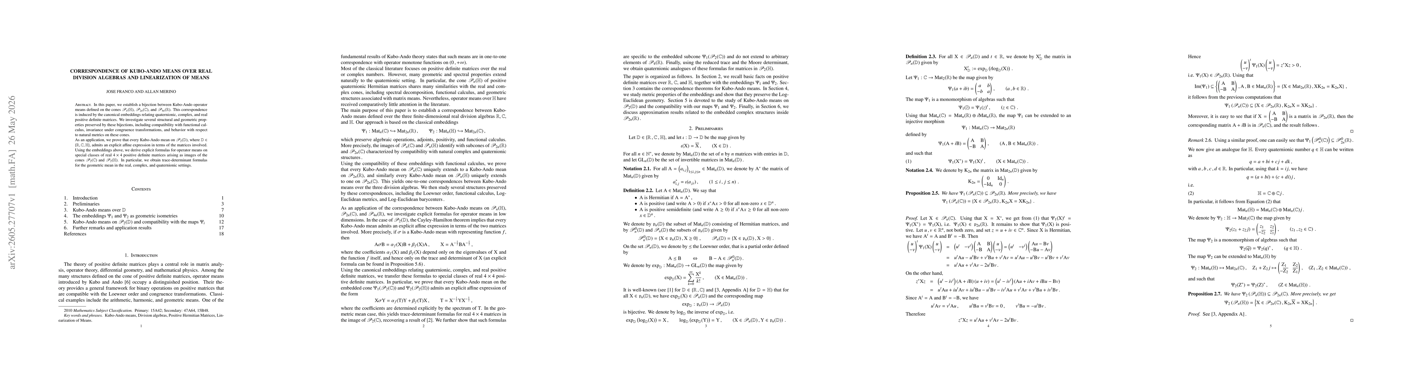 Thumbnail for Correspondence of Kubo-Ando Means over Real Division Algebras and Linearization of Means