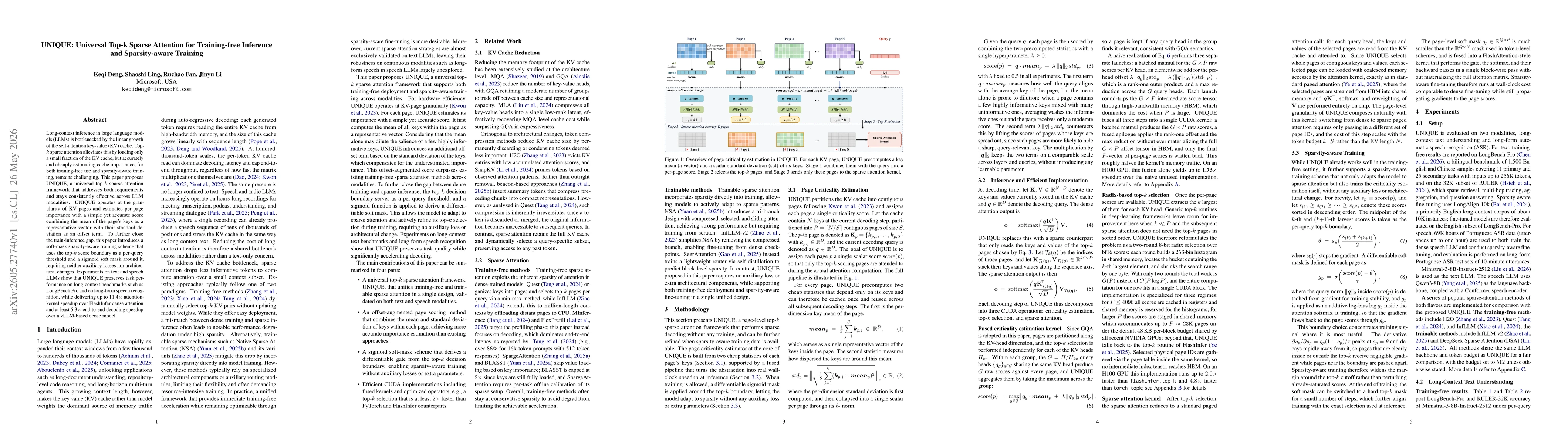 Thumbnail for UNIQUE: Universal Top-k Sparse Attention for Training-free Inference and Sparsity-aware Training