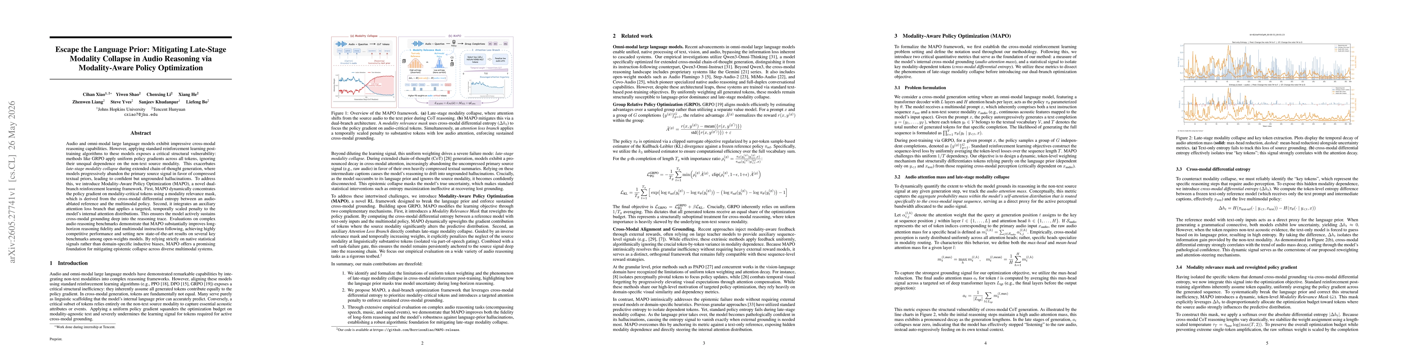 Thumbnail for Escape the Language Prior: Mitigating Late-Stage Modality Collapse in Audio Reasoning via Modality-Aware Policy Optimization