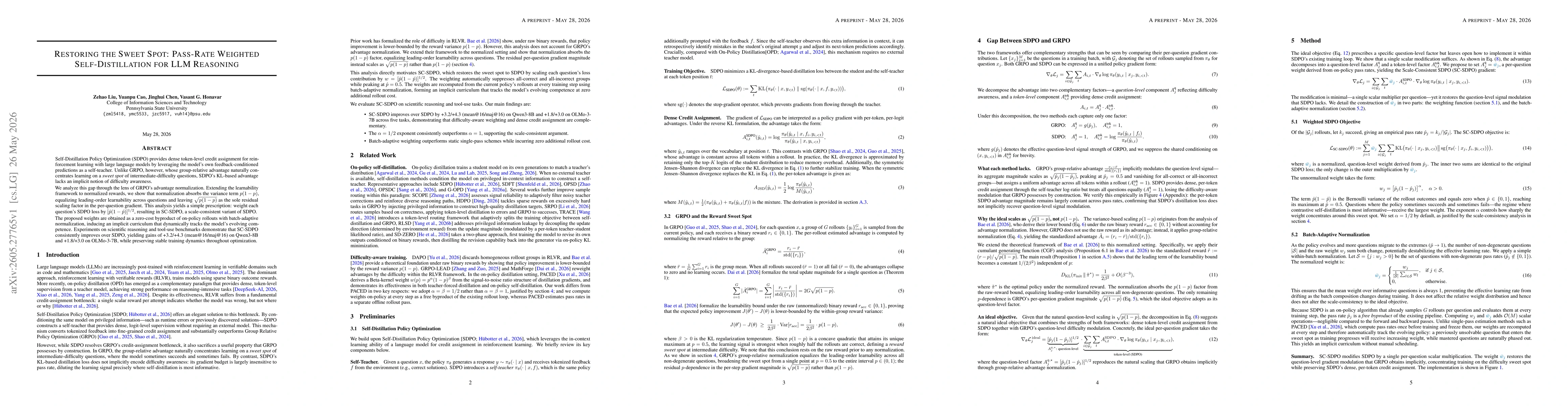 Thumbnail for Restoring the Sweet Spot: Pass-Rate Weighted Self-Distillation for LLM Reasoning