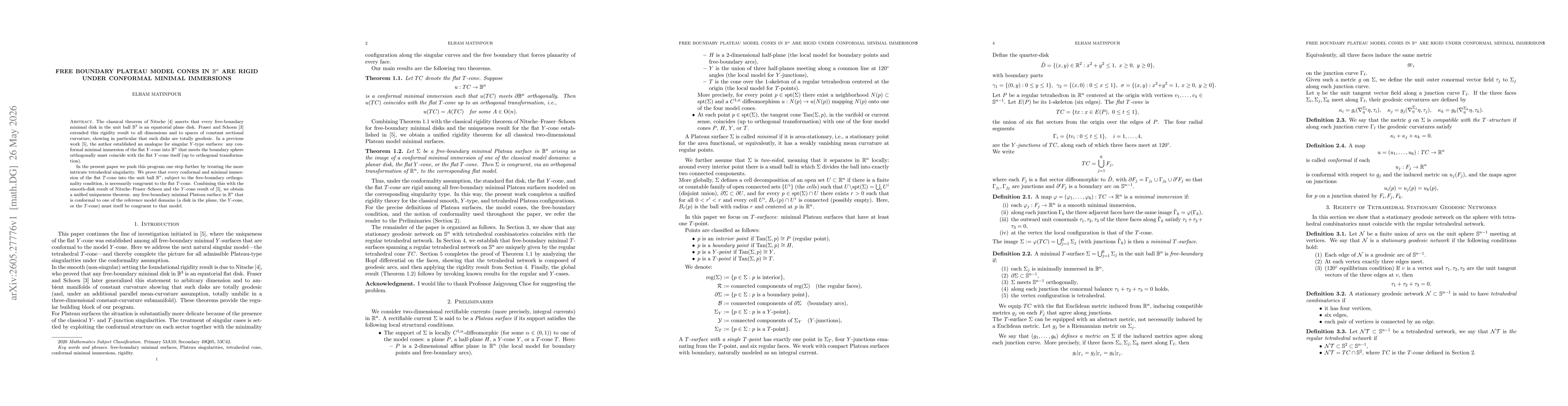 Thumbnail for Free Boundary Plateau Model Cones in $\mathbb{B}^n$ are Rigid under Conformal Minimal Immersions